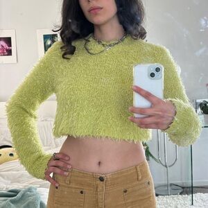 lime green y2k cropped fuzzy sweater